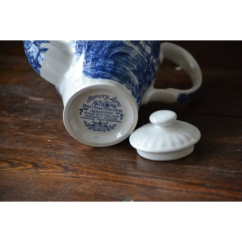 British Anchor Ironstone Coffee pot Memory Lane Blue Transferware‎ countryside
